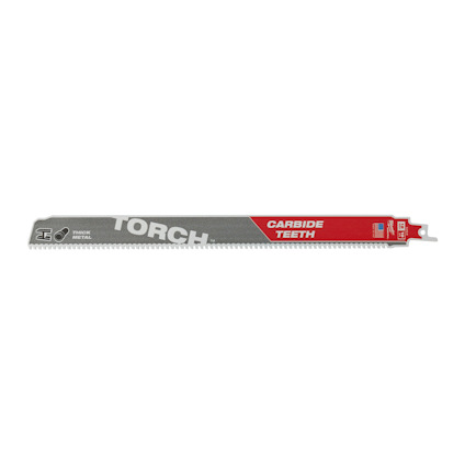 Tigersågblad med texten "Torch" och "Carbide Teeth" på röd och silver bakgrund.
