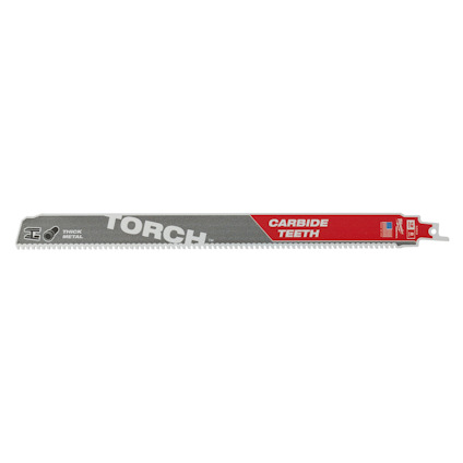 Tigersågblad med texten "TORCH" och "CARBIDE TEETH" på grå och röd bakgrund, samt en liten amerikansk flagga.
