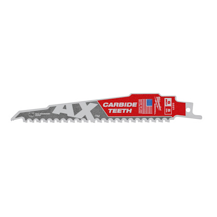 Tigersågblad med karbidtänder, röd/vit etikett, text: "4X" och "CARBIDE TEETH", amerikansk flagga synlig.
