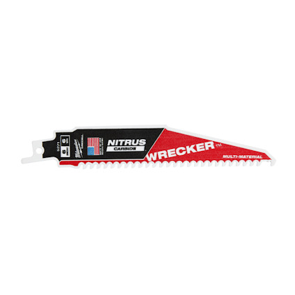 Tigersågblad med texten "WRECKER", "NITRUS CARBIDE" och "MULTI-MATERIAL", samt en amerikansk flagga på etiketten.