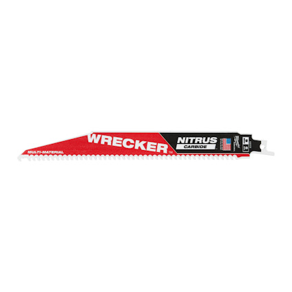 Rött tigersågblad med texten "Wrecker" i vitt och "Nitrus Carbide" i svart på en vit bakgrund.