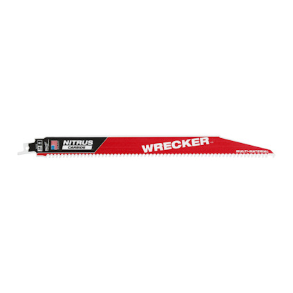 Rött tigersågblad med texten "WRECKER", "NITRUS CARBIDE" och "MULTI-MATERIAL".