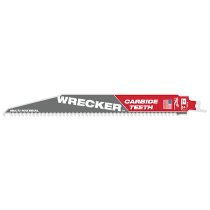 Sågblad med texten "Wrecker", "Carbide Teeth" och "Multi-Material" i grått, rött och vitt.