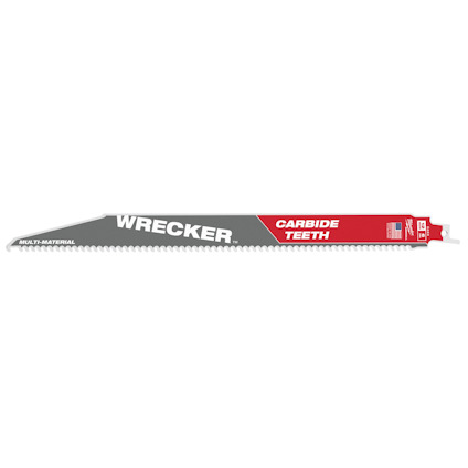 Tigersågblad med texten "WRECKER" och "CARBIDE TEETH", med röd och grå design samt amerikansk flagga.