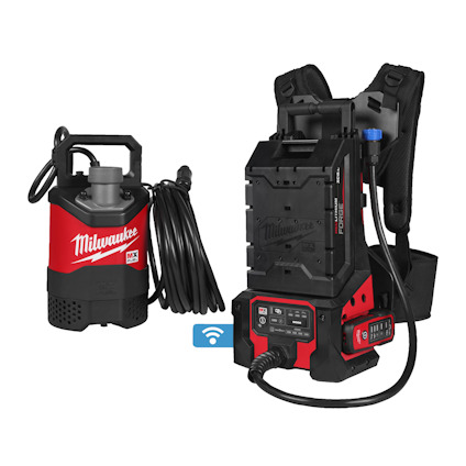 Dränkbar pump och tillhörande batteripaket med Milwaukees logotyp, svart och röd design.