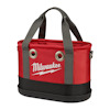 Röd och svart verktygsväska med grå handtag och silverfärgade metallringar. Text "Milwaukee" synlig på sidan.