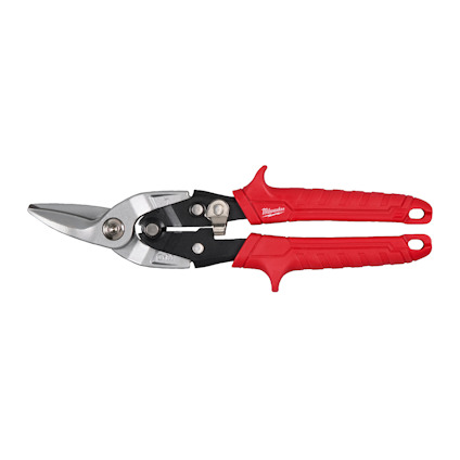 Plåtsax med röda handtag och metallblad, designad för vänsterhänta användare.