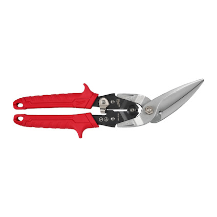 Plåtsax med rött, ergonomiskt handtag och långa, böjda skärblad.
