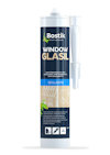 Patron med vit och beige etikett märkt "Bostik Window Glasil Sealants"; illustration av fönster och lime logotyp.