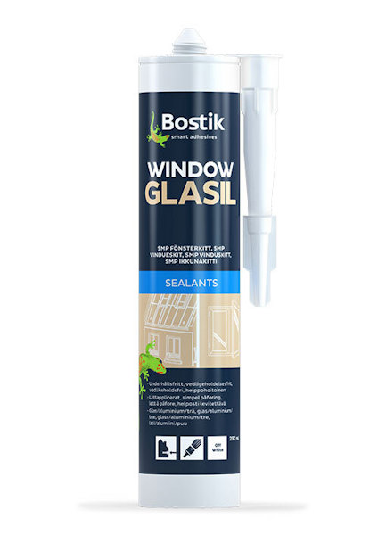 Patron med vit och beige etikett märkt "Bostik Window Glasil Sealants"; illustration av fönster och lime logotyp.