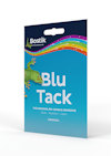 Förpackning med Bostik Blu Tack med en grön ödla mot en blå bakgrund och regnbågsfärgad kant upptill.