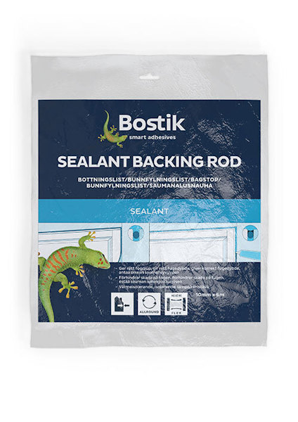 Förpackning Bostik Sealant Backing Rod med illustration av en ödla och ikoner för användning.