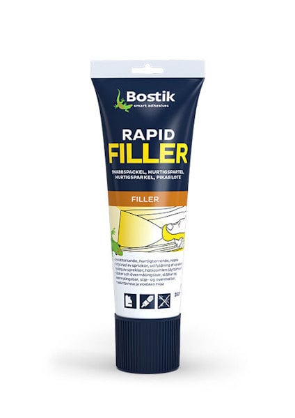 Förpackning för Bostik Rapid Filler i tub, med grön och gul etikett samt text på flera språk.
