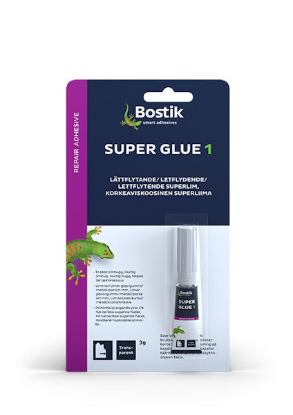 Förpackning med Bostik Super Glue 1, med en bild av en ödla och text om produktdetaljer på framsidan.