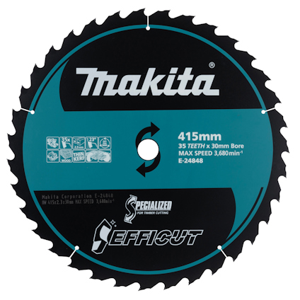 Sågklinga med svart och turkos design, vita markeringar och texten "Makita EFFICUT" samt tekniska specifikationer.