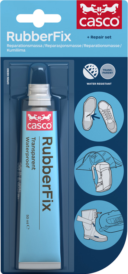 Blå tub med texten "Casco RubberFix Transparent Waterproof" på en förpackning som visar reparationsanvändningar.