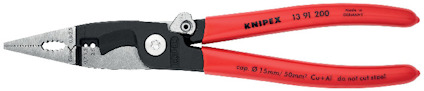 Röda elinstallationstänger med svarta skärblad och text "cap. Ø 15mm / 50mm² Cu/Al do not cut steel". Märkt "Knipex 13 91 200".