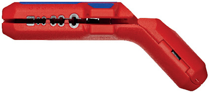 Rött skalverktyg med ergonomiskt handtag och blå detaljer. Verktyget har flera inställningar för olika kabelskalningar.