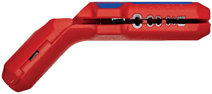 Rött och blått ergonomiskt avmantlingsverktyg, designat för vänsterhänta.