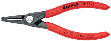 Tång med röda handtag och svart metallhuvud, märkt "Knipex". Anpassad för innerringar.