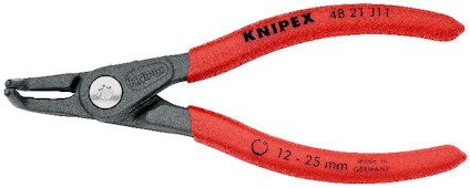 Röd- och svartfärgad låsringstång med texten "KNIPEX 48 21 J11" och "Made in Germany" på handtagen.