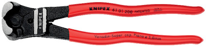 Röda avbitartänger med svart skärhuvud, märkta med "KNIPEX" och annan text på handtagen.