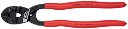 Rödfogade bultsax med svart metallhuvud, präglad text "KNIPEX 71 01 250" på handtaget.