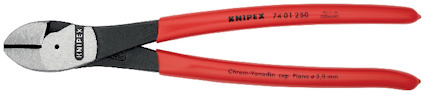 Sidavbitare med röda handtag och svarta käftar, märkta med "Knipex 74 01 250".