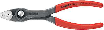 Tång med rött och svart handtag, märkt "Knipex 82 01 150 Made in Germany".