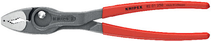 Tång med grått huvud och röda handtag, märkt "Knipex" och "Made in Germany".