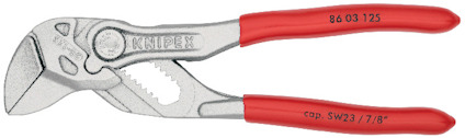 Tångnyckel i metall med röda handtag och justerbart käftparti, med texten "KNIPEX" och modellnummer präglat.