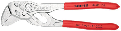 Tångnyckel med rött handtag och justerbar käke, märkt "KNIPEX" och "86 03 150" på handtagen.