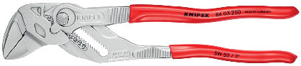 Röd och silver färgad tångnyckel med justerbara käftar och greppvänliga handtag. Texten "KNIPEX Made in Germany" synlig.
