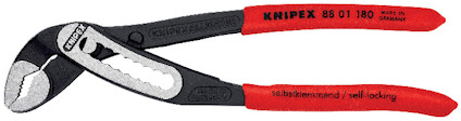 Rörtång med röda handtag och inställbar gripöppning, text "Knipex Alligator" på skaftet.