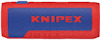 Röd och blå Knipex röravskärare med texten "KNIPEX" i rött på blå bakgrund. Indikatorer i nedre vänstra hörnet.