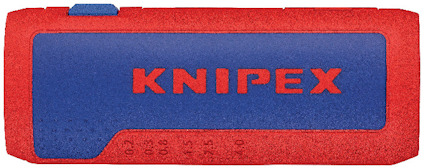 Röd och blå Knipex röravskärare med texten "KNIPEX" i rött på blå bakgrund. Indikatorer i nedre vänstra hörnet.