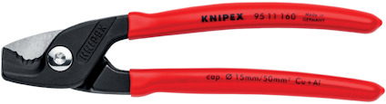 Tång med röd handtag och metalljaws, märkt "Knipex". Text på handtaget: "9511 160", "made in Germany", "cap. Ø 15mm/50mm² Cu+Al".