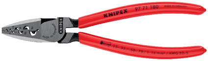 Röd presstång med svarta detaljer, märkt "KNIPEX" och "MADE IN GERMANY".
