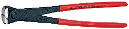 Tång med svarta käftar och röda handtag, märkt "KNIPEX". Käftarna har skärblad.
