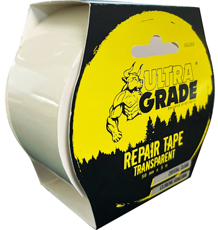 Transparent reparationstejp i en svart kartong med texten "Ultra Grade Repair Tape Transparent" och en illustration av en figur.
