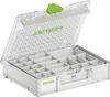 Öppen plastlåda med transparent lock, grönt lås och flera små, justerbara fack. FESTOOL-logotyp synlig på framsidan.