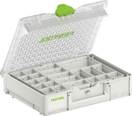 Öppen plastlåda med transparent lock, grönt lås och flera små, justerbara fack. FESTOOL-logotyp synlig på framsidan.