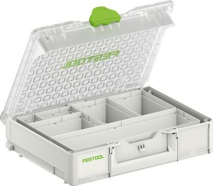 Öppen vit förvaringslåda med genomskinligt lock och grönt handtag, innehållande löstagbara fack. Märkt "Festool".