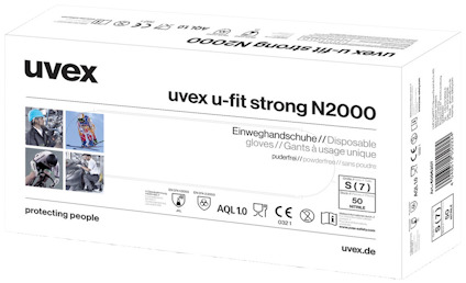 Förpackning med engångshandskar "uvex u-fit strong N2000", storlek S (7), pudderfri, 50 stycken, bild på handskar och textinformation.