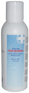 Vit flaska med etiketttext: "First Aid FOR BURNS, Cools and Comforts, Relieves pain, Burn Gel 118 ml."