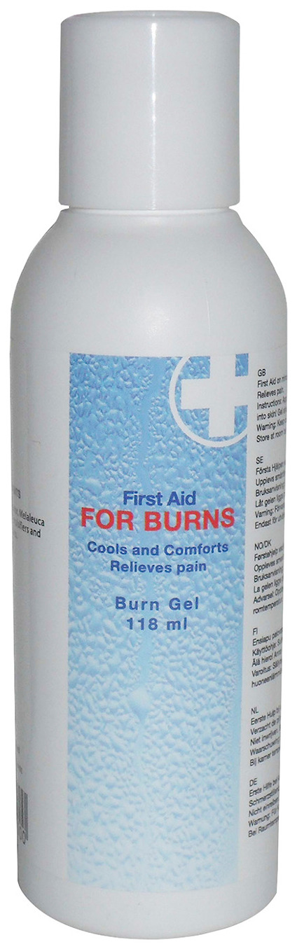 Vit flaska med etiketttext: "First Aid FOR BURNS, Cools and Comforts, Relieves pain, Burn Gel 118 ml."