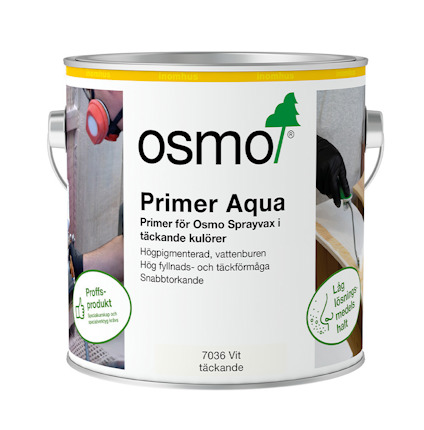 Plåtburk med Osmo Primer Aqua etikett, vit täckande färg, text om hög pigmentering och snabbtorkande egenskaper.