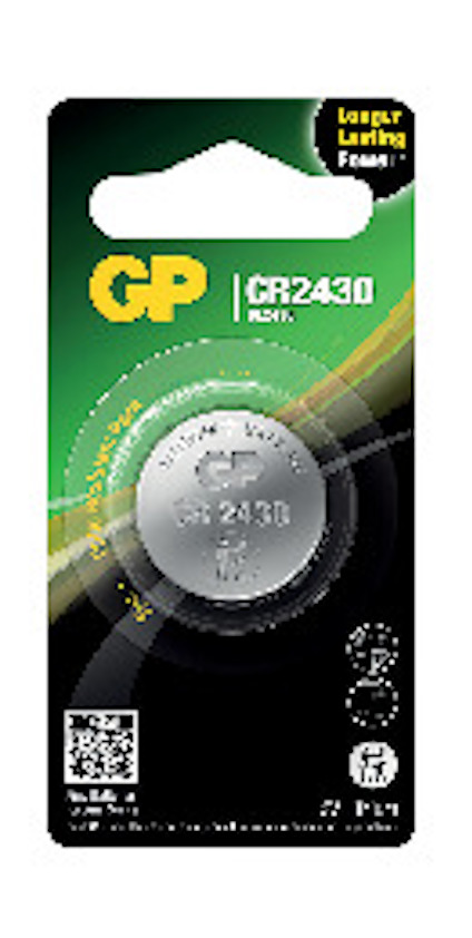 Förpackning med ett knappcellsbatteri GP CR2430, märkt med "Longer Lasting Power" och specifikationer, på en svart och grön bakgrund.