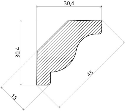 Ritning av en profilerad list med måtten 30,4x30,4x43 mm och en snidad böjd form, måttenheter: millimeter.
