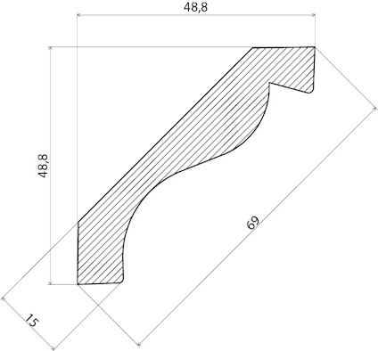 Illustration av en profilerad list med mått: 48,8x48,8 och 69 bred, 15 tjock.